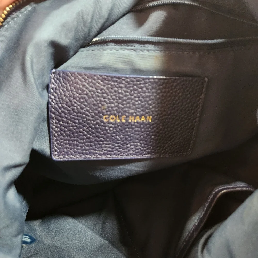 Cole Haan Navy Blue Pebbled Leather Shoulder Bag Purse with Gold-toned Hardware